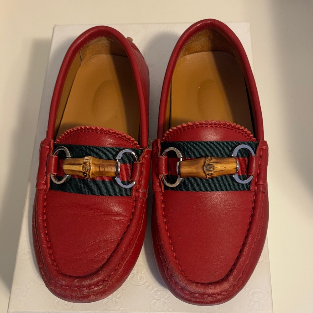 Gucci Red Kids Moccasins with Bamboo Detail
